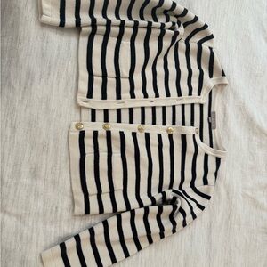 J. Crew Emilie Navy and Cream Striped Sweater with Gold Button